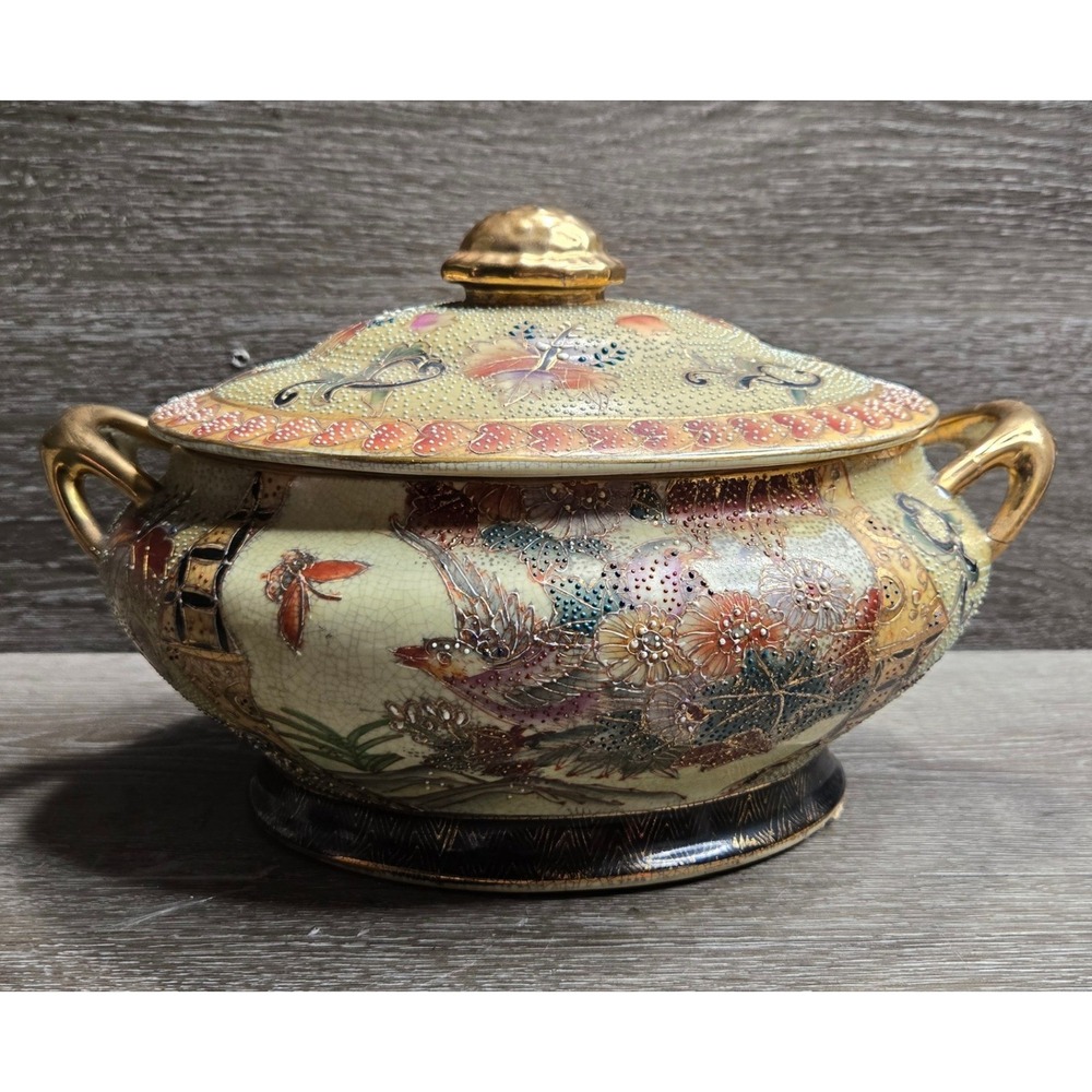 Vintage Satsuma Style Moriage Lidded Tureen Bowl Birds Floral Gold Handles Decor